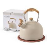 LONFFERY Tea Kettle for Stove Top, 2.5 Quart Whistling Tea Kettle, with Food Grade Stainless Steel and Wood Pattern Folding Handle, Creamy White