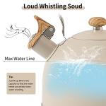 LONFFERY Tea Kettle for Stove Top, 2.5 Quart Whistling Tea Kettle, with Food Grade Stainless Steel and Wood Pattern Folding Handle, Creamy White