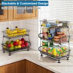 OKZEST 3-Tier Rolling Pantry Floor Organizer and Storage Cart with Wheels, Stackable Wire Pantry Baskets for Pantry Shelves, Kitchen Fruit Basket Stand and Storage Rack for Fruit Snack Onion Potato