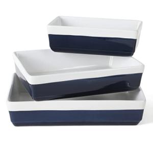 MARTHA STEWART 3-Piece Oven to Table Stoneware Bakeware Set – Baking Dish & Casserole Set – Cobalt Blue – Durable Oven-Safe Bakeware for Baking and Serving