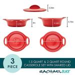 Rachael Ray Solid Glaze Ceramics Casserole Bakers/Baking Dish with Shared Lid Set, 3 Piece, Red