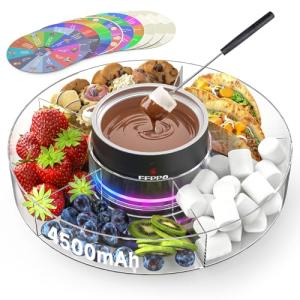 FEPPO Cordless Electric Fondue Pot Set with Mood Light, 2*4500mAh Rechargeable Battery Powered, 7 Game Cards & Detachable Taco Serving Tray, Melted Chocolate Cheese for Outdoor Indoor Parties Camping