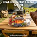 FEPPO Cordless Electric Fondue Pot Set with Mood Light, 2*4500mAh Rechargeable Battery Powered, 7 Game Cards & Detachable Taco Serving Tray, Melted Chocolate Cheese for Outdoor Indoor Parties Camping