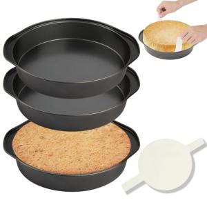 tutikuki 8" Round Cake Pan, 3PCS Nonstick Cake Pans with 100 PCS Parchment Paper, Carbon Steel Cake Baking Pans with Handle, Dishwasher Safe