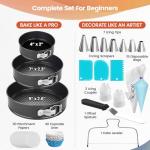 RFAQK 100pcs Cake Pan Sets for Baking + Cake Decorating Supplies: 3 Non-Stick Springform Pans Set (4, 7, 9 inches), Icing Tips, Cake Leveler – Multi-functional Leak-Proof CheeseCake Pan & eBook