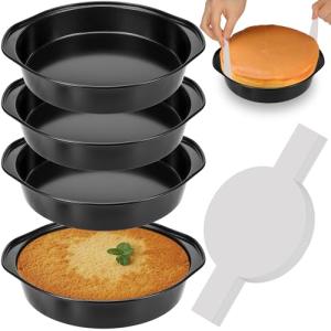 8 Inch Cake Pan, Nonstick 4 Pack Round Cake Pans with 100PCS Pre-cut Parchment Paper for Birthday Christmas, Durable Circle Cake Pan Sets with Handle for Baking Multi-Layer Cakes, Dishwasher Safe