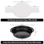 8 Inch Cake Pan, Nonstick 4 Pack Round Cake Pans with 100PCS Pre-cut Parchment Paper for Birthday Christmas, Durable Circle Cake Pan Sets with Handle for Baking Multi-Layer Cakes, Dishwasher Safe