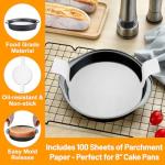 Gymdin 8 Inch Cake Pan - 3PCS Carbon Steel Round Cake Pans with 100 Pieces Parchment Paper, Non-stick & Easy Demolding, Non-toxic & Healthy