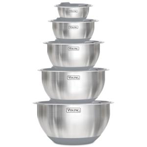 Viking Mixing Bowls Set, 10 Piece Stainless Steel Kitchen Cookware, Non-Slip Silicone Base, Includes Tight Fit Lids, Dishwasher Safe, Grey