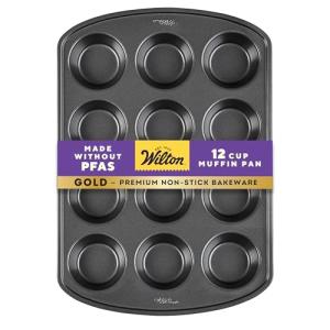 Wilton Gold Non-Stick 12 -Cup Muffin Pan, Cold-Rolled Steel Bakeware, Made without PFAS, 10.5 x 15 x 1.4 in, Packaging May Vary