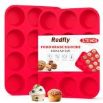 Redfly 2 Pack Silicone Muffin Pan & Cupcake Pans for Baking - 12 Cup Regular Size BPA Free Egg Bites Molds
