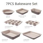 CAROTE 7-Piece Nonstick Stackable Baking Pans Set - Bakeware Sets Including Cookie Sheets for Baking, Muffin Pan, Bread Pan, Cake pan, Loaf Pan, Roasting Pan, Gray & Khaki