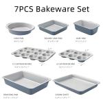 CAROTE 7-Piece Nonstick Stackable Baking Pans Set - Bakeware Sets Including Cookie Sheets for Baking, Muffin Pan, Bread Pan, Cake pan, Loaf Pan, Roasting Pan, Gray & Blue