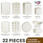 Kikcoin 22 PCS Nonstick Baking Pans Set, Stackable Bakeware Sets with Silicone Handles, 450°F Oven Safe Baking Sheet Set, Easy Release Cookie Sheets for Baking, Cream