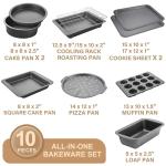 HONGBAKE Bakeware Sets, Baking Pans Set, Nonstick Oven Pan for Kitchen with Wider Grips, 10 Pieces Including Rack, Cookie Sheet, Cake Pans, Loaf Pan, Muffin Pan, Pizza Pan - Grey