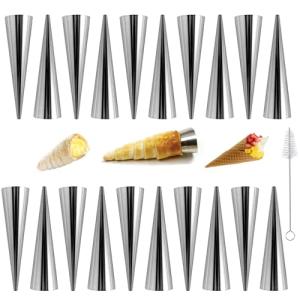 20Pcs Large Conical Cream Horn Molds, Non-stick Cream Horn Molds Stainless Steel, 5 inch Large Size Cannoli Tubes Kit Pack of Baking Cones Pastry Roll Horn Croissant Mold With brush