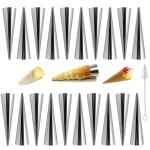 20Pcs Large Conical Cream Horn Molds, Non-stick Cream Horn Molds Stainless Steel, 5 inch Large Size Cannoli Tubes Kit Pack of Baking Cones Pastry Roll Horn Croissant Mold With brush