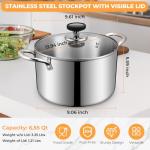 Tri-Ply Stainless Steel Stock Pot, 6.5 Quart Heavy Duty Induction Cooking Pot with Visible Lid for Pasta, Soup, Spaghetti, Sturdy & Double Handle, Dishwasher Safe