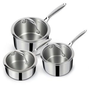 EWFEN 3 Ply Stainless Steel Sauce Pan Set with Lids, 1 & 2 & 3 Quart Multipurpose Cooking Pot, Stay-Cool Handle, Induction Oven Dishwasher Safe, 1QT & 2QT & 3QT
