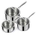 EWFEN 3 Ply Stainless Steel Sauce Pan Set with Lids, 1 & 2 & 3 Quart Multipurpose Cooking Pot, Stay-Cool Handle, Induction Oven Dishwasher Safe, 1QT & 2QT & 3QT