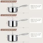 EWFEN 3 Ply Stainless Steel Sauce Pan Set with Lids, 1 & 2 & 3 Quart Multipurpose Cooking Pot, Stay-Cool Handle, Induction Oven Dishwasher Safe, 1QT & 2QT & 3QT
