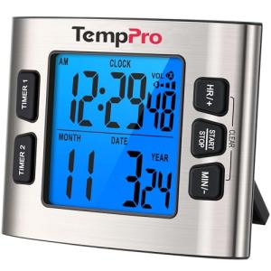TempPro TM02 24H Digital Timer with Dual Kitchen Timers for Cooking, Magnetic Timer Clock with Adjustable Alarm Volume & LCD Backlit Display, Classroom Timer for Kids & Teachers(Previously ThermoPro)
