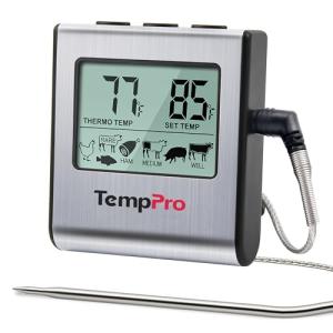 TempPro TP16 Large LCD Digital Cooking Food Meat Thermometer for Smoker Oven Kitchen BBQ Grill Thermometer Clock Timer with Stainless Steel Temperature Probe(Previously ThermoPro)