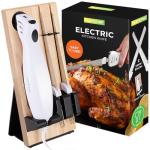 NutriChef Electric Carving Turkey Slicer Kitchen Knife | For Thanksgiving | Portable Electrical Food Cutter Knife Set with Carve Blades & Wood Stand | Cuts Meat, Bread, Cheese & Fruit | White