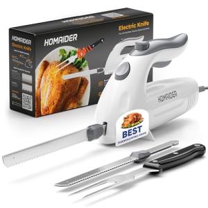 Homaider Electric Knife for Meat Slicing, Turkey, Carving Meat, Bread & More | Ergonomic Handle + 2 Carving Reciprocating Stainless Steel Blades and Serving Fork Included, 6 Foot Cord