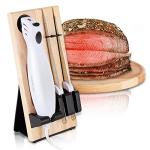 NutriChef Electric Carving Turkey Slicer Kitchen Knife | For Thanksgiving | Portable Electrical Food Cutter Knife Set with Carve Blades & Wood Stand | Cuts Meat, Bread, Cheese & Fruit | White