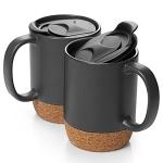 DOWAN Coffee Mugs, 15 oz Mug Set of 2, Large Ceramic Coffee Mug with Cork Bottom and Spill Proof Lid for Mom Dad, Big Mug for Latte Tea, Matte Grey