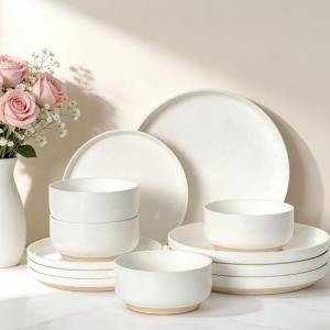 Plates and Bowls Sets, Dinnerware Sets for 4, 12 Pieces Scratch Resistant Dishware Dishes Set, Ceramic Kitchen Dinner Set, Porcelain & Microwave and Dishwasher Safe, Cream White