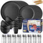 Wheat Straw Dinnerware Sets,64-Piece Black Plates and Bowls Sets for 8-Unbreakable,Reusable Plastic Dish Set-Dinner Plate/Dessert Plate/Cereal Bowl/Cup/Utensils-Microwavable Dishwasher Safe 64P-BLACK