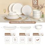 Plates and Bowls Sets, Dinnerware Sets for 4, 12 Pieces Scratch Resistant Dishware Dishes Set, Ceramic Kitchen Dinner Set, Porcelain & Microwave and Dishwasher Safe, Cream White