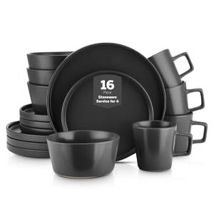 Stone Lain Celina Stoneware 16 Piece Modern Dinnerware Set, Plates and Bowls, Black Matte, Service for 4, Microwave & Dishwasher Safe