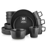 Stone Lain Celina Stoneware 16 Piece Modern Dinnerware Set, Plates and Bowls, Black Matte, Service for 4, Microwave & Dishwasher Safe
