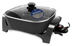 Elite Gourmet EG6201 Extra Deep 12"x12"x3.2" (7.5Qt.) Scratch Resistant Dishwasher Safe, Non-stick Electric Skillet with Glass Vented Lid, Adjustable Temperature, Black