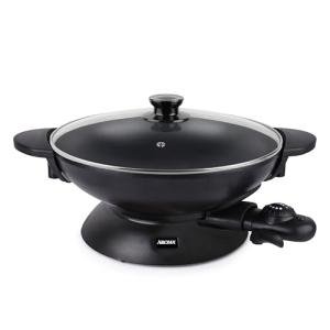 Aroma Housewares AEW-306 Electric Wok with Tempered Glass Lid Easy Clean Nonstick, Cooking Chopsticks, Tempura and Steaming Racks, Professional Model, Black