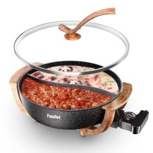 Multi-Temp Electric Hot Pot with Dual Dividers, 1100W Fast Heat & Auto Safety Shut-Off, 6L Family-Size Non-Stick Pot for 4-12 People (Wraparound Wood-grain Handles)