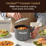 Elite Gourmet NOODLE EXPRESS Electric Hot Pot, Prepare Noodles, Soups, Stews, Cool-touch Handle, Ceralast™ PFAS-Free Ceramic Non-stick, Tempered Glass Lid, 2 Heat Settings-High/Low, Grey