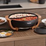 Multi-Temp Electric Hot Pot with Dual Dividers, 1100W Fast Heat & Auto Safety Shut-Off, 6L Family-Size Non-Stick Pot for 4-12 People (Wraparound Wood-grain Handles)