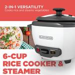 BLACK+DECKER Rice Cooker 6-Cup (Cooked) with Steaming Basket, Removable Non-Stick Bowl, White