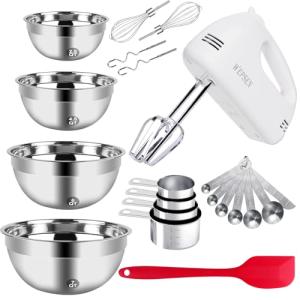 5-Speed Electric Hand Mixer, 4 Large Mixing Bowls Set, Handheld Mixers with Whisks Beater, Stainless Steel Metal Nesting Bowl Measuring Cups Spoons Kitchen Cake Blender for Baking Supplies
