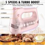 GUALIU Electric Hand Mixer with Stainless Steel Whisk, Dough Hook Attachment and Storage Bag, Handheld Mixer for Baking Cakes, Eggs, Cream Food Mixers. Turbo Boost /5 Speed Kitchen Blender PINK