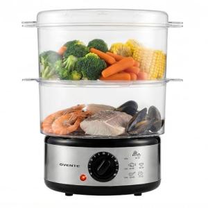 OVENTE 2-Tier Electric Food Steamer, 5 Quart Stainless Steel Stackable Steam Cooker with 400W Power, 60-Minute Timer & Auto Shut-Off, Dishwasher Safe, Healthy Vegetable & Seafood Steamer, Silver FS62S