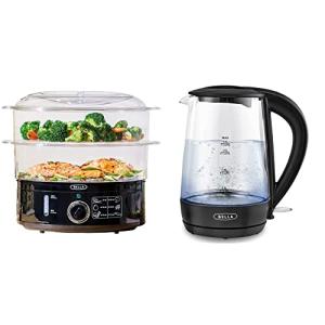 BELLA Two Tier Food Steamer, 7.4 QT, Black & 1.7 Liter Glass Electric Kettle, Quickly Boil 7 Cups of Water in 6-7 Minutes, Soft Blue LED Lights Illuminate While Boiling, Black