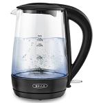 BELLA Two Tier Food Steamer, 7.4 QT, Black & 1.7 Liter Glass Electric Kettle, Quickly Boil 7 Cups of Water in 6-7 Minutes, Soft Blue LED Lights Illuminate While Boiling, Black