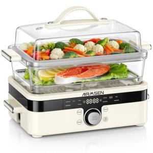 AIRMSEN Glass Food Steamer for Cooking - 8.5QT Vegetable Steamer with 2-Tier Stainless Steel Trays, 1200W Super Fast Heating for Veggies, Seafood & Rice, BPA-Free