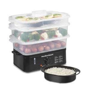 Hamilton Beach Electric Food Steamer, Rice Cooker & Egg Boiler for Quick, Fast Healthy Cooking with Stackable Three-Tier Bowls for Vegetables and Seafood, 9.5 Quarts, Auto Shutoff, Black (37430)