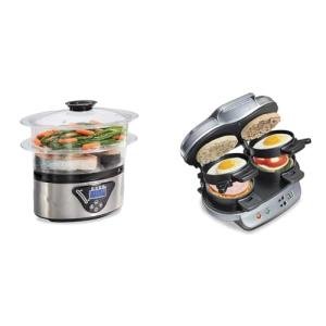 Hamilton Beach Digital Electric Food Steamer & Rice Cooker for Quick, Healthy Cooking for Vegetables and Seafood & Dual Breakfast Sandwich Maker with Timer, Silver (25490A)